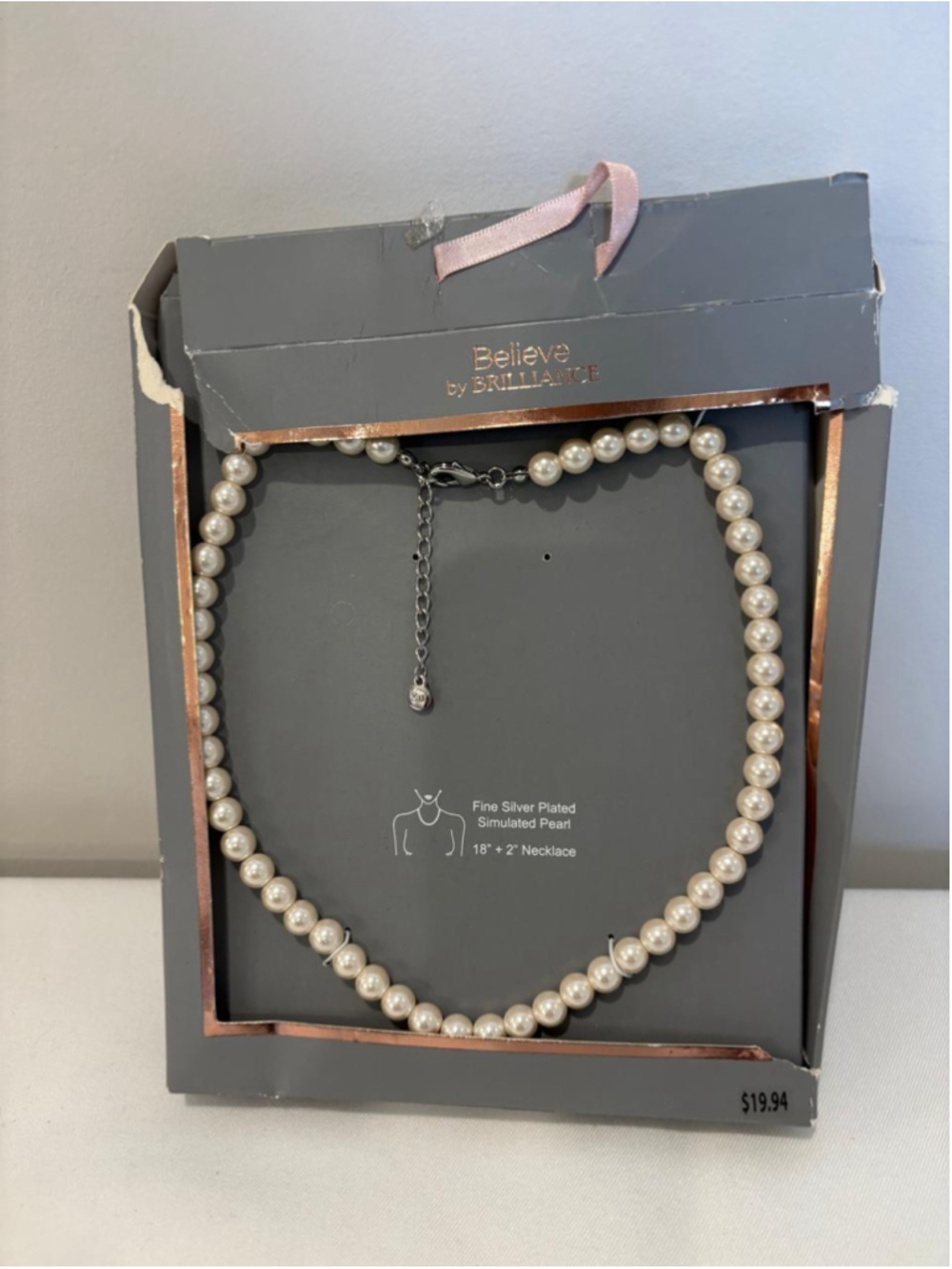 Believe by Brilliance Simulated Pearl Necklace Silver Plated 18” + 2White Silver